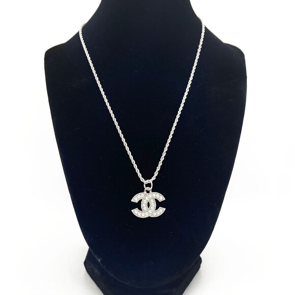Authentic CHANEL CC Rhinestone Charm Pendant Necklace Silver Chain - Picture 2 of 9
